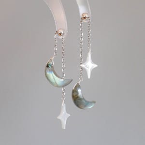 Moon Stars Dangle Earrings Gemstone Jewelry with Adjustable Long Thread Chain