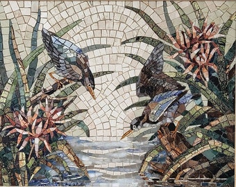 Framed Marble Mosaic Art, Handmade Birds Wall Decor