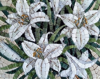 Marble Mosaic White Lilies Round, Lily Painting Round Wall Decor, Marble Gift Decorative Tiles Panno, Roman Mosaic Flowers, Lily Picture