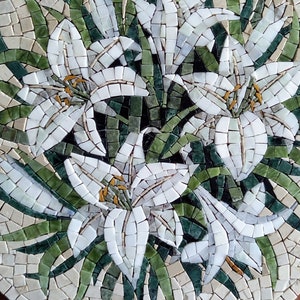 Marble Mosaic White Lilies Round, Lily Painting Round Wall Decor, Marble Gift Decorative Tiles Panno, Roman Mosaic Flowers, Lily Picture