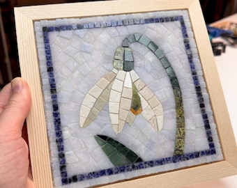 Handmade Marble Mosaic Snowdrop Flower Botanical Gift In Wooden Frame