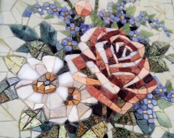 額装された大理石モザイクの花、バラのタイル絵画、ホーム
