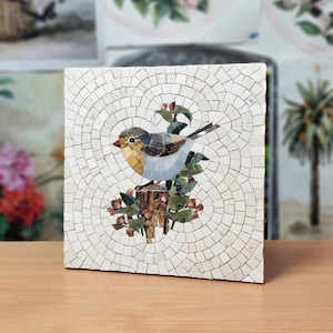 Roman Marble Mosaic Bird Framed Walldecor Natural Stone Painting Poster Sparrow Illustration