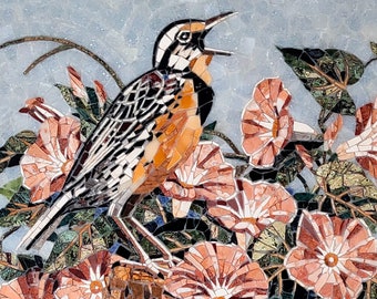 Mosaico de mármol hecho a mano para pared, pintura de pájaros y flores.