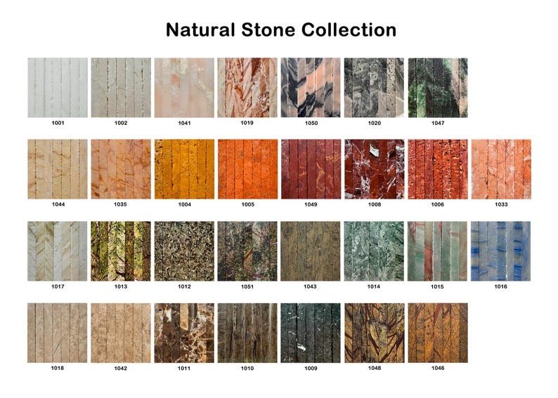 K&ouml;nnte beinhalten: Eine Sammlung von Natursteinmustern, jedes mit einem einzigartigen Muster und Farbe. Die Muster sind in Reihen und Spalten angeordnet und zeigen eine Vielzahl von Texturen und Farbt&ouml;nen, darunter Beige, Orange, Rot, Gr&uuml;n und Braun. Der Text "Natural Stone Collection" steht oben.