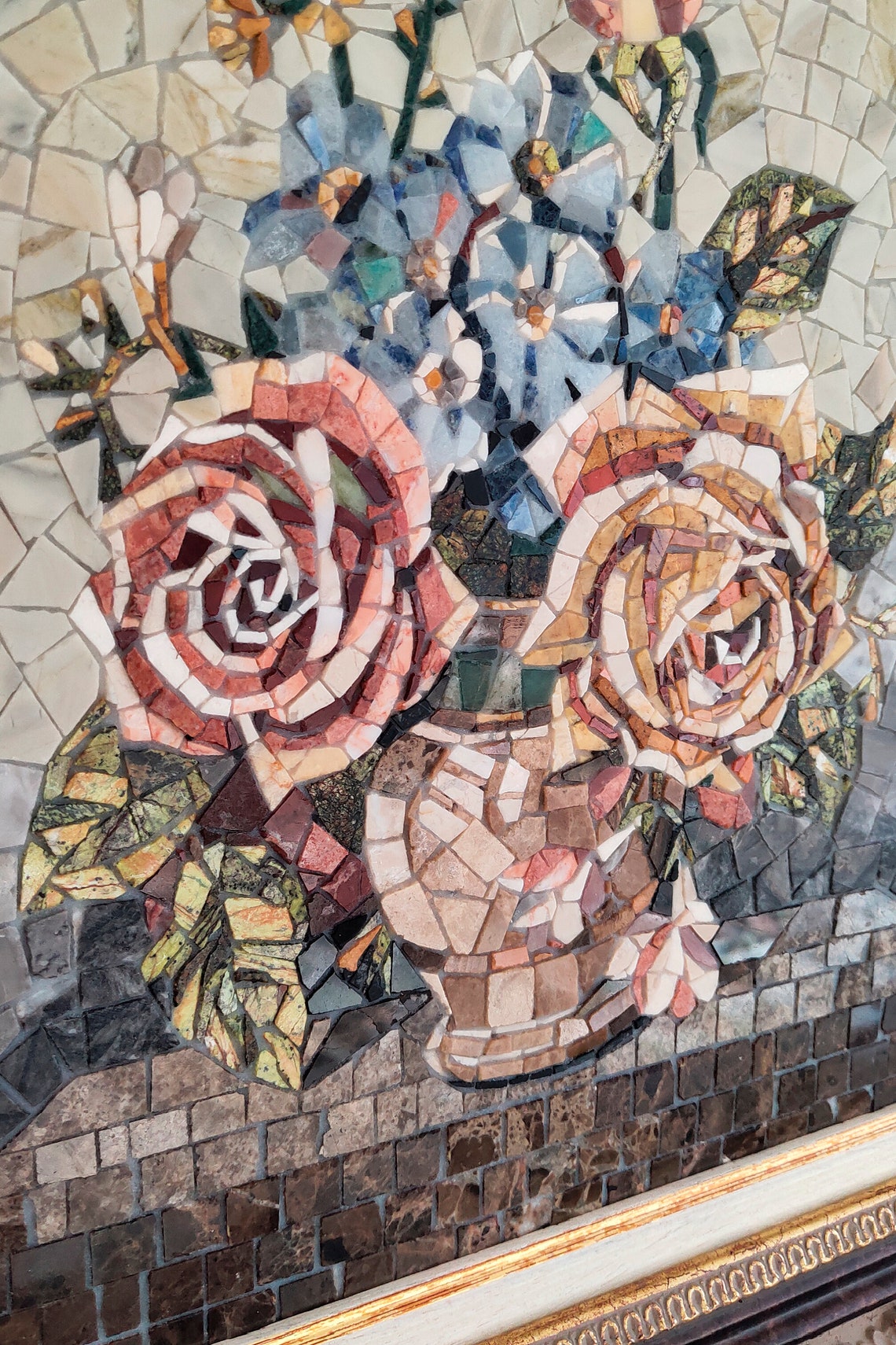 Marble Mosaic Flowers, Roses Painting Tiles, Roman Mosaic Flowers