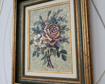 大理石製のバラの絵画 額装された大理石モザイクの花、バラのタイル絵画、ホーム