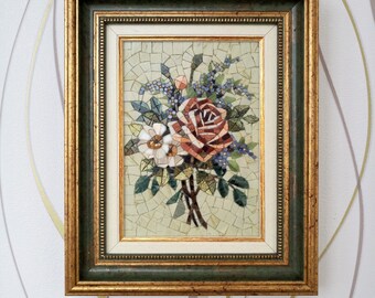 額装された大理石モザイクの花、バラのタイル絵画、ホーム