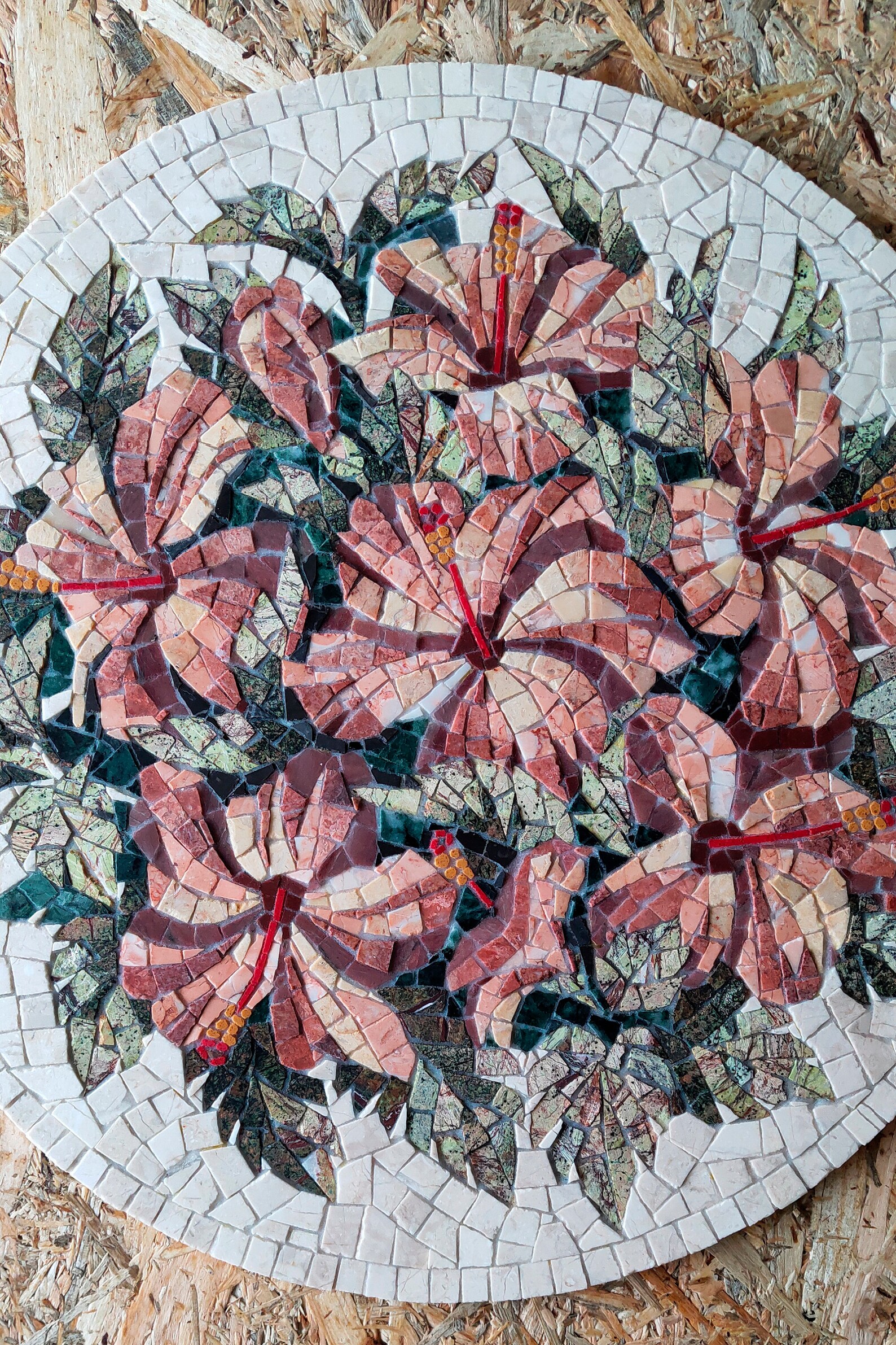 Marble Round Mosaic Hibiscus Mosaic Tiles Romanmosaic Flower Etsy