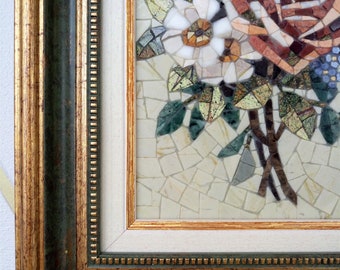 額装された大理石モザイクの花、バラのタイル絵画、ホーム