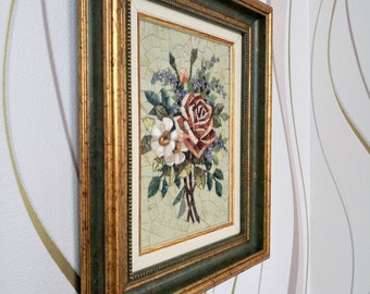 額装された大理石モザイクの花、バラのタイル絵画、ホーム