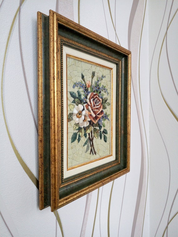額装された大理石モザイクの花、バラのタイル絵画、ホーム
