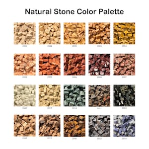 Può includere: Una tavolozza di colori Natural Stone Color Palette con venti campioni quadrati di piccole tessere di pietra cubiche in vari colori, ciascuna etichettata con un codice numerico da 2002 a 2055, disposte in una griglia quattro per cinque.