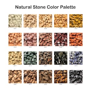 May include: A Natural Stone Color Palette chart displaying twenty square grids of small stone tiles in various colors, each labeled with a numerical code. The colors range from white, beige, and yellow to pink, red, green, blue, and black.