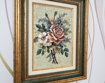 大理石製のバラの絵画 額装された大理石モザイクの花、バラのタイル絵画、ホーム