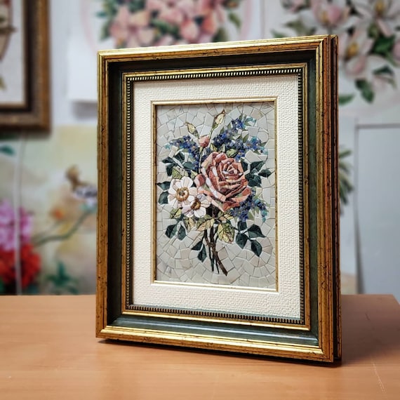 額装された大理石モザイクの花、バラのタイル絵画、ホーム