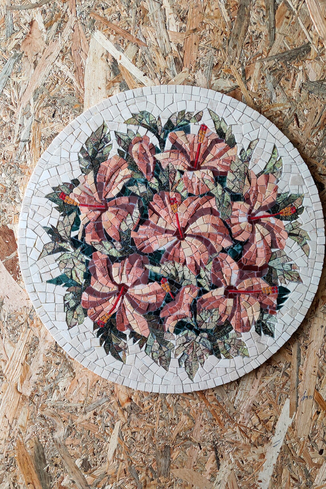 Marble Round Mosaic Hibiscus Mosaic Tiles Romanmosaic Flower Etsy