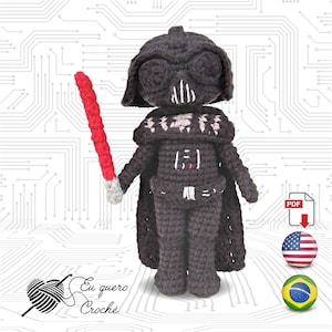 May include: Crochet pattern for a black Darth Vader amigurumi doll holding a red lightsaber. The pattern is available in English and Portuguese. The pattern is available as a PDF download.