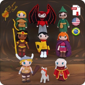 Könnte beinhalten: Ein Set aus neun gehäkelten Amigurumi-Figuren, darunter ein Drache, ein Ritter, eine Kriegerin, ein Zauberer, ein Elf, ein Einhorn, ein Wikinger, eine Prinzessin und ein Priester. Die Figuren stehen alle auf einer braunen Oberfläche. Der Text "Eu quero Croche" ist oben links im Bild zu sehen.