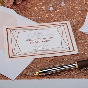 Geo Blush Brautjungfer Karte, Sei meine Brautjungfer, Geometrische Rose Gold Brautjungfer Karte, Einfache Brautjungfern Vorschlag, Konfetti Dekor Briefpapier