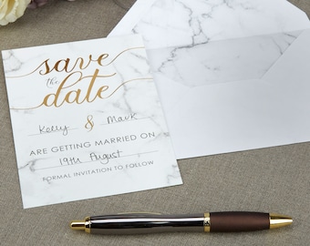 Save The Date Cards - Scripted Marble, Marble & Gold Cards, Wedding Decor Stationery - Wedding Confetti Shop