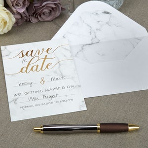Cartes Save The Date - Cartes de marbre scénarisée, de marbre et d’or, papeterie de décor de mariage - Boutique de confettis de mariage