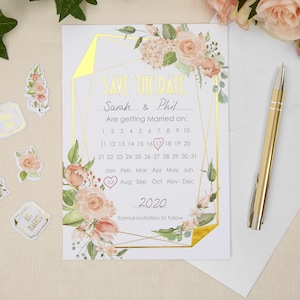 Cartões Geo Floral para salvar as datas, cartões em aquarela, cartões florais e dourados para salvar as datas, papelaria para decoração de casamento - Loja de confetes para casamento