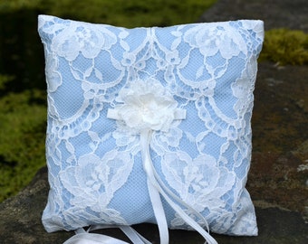 White - Blue Wedding Ring Bearer Pillow, Boho Ring Pillow, Lace Ring Pillow, Ring Cushion, Bearer Pillows - Wedding Confetti Shop