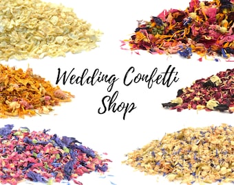 May include: Assortment of dried flower petals in various colors, including white, yellow, orange, pink, red, blue, and green. The petals are arranged in piles on a white background. The text "Wedding Confetti Shop" is written in black cursive lettering in the center of the image.