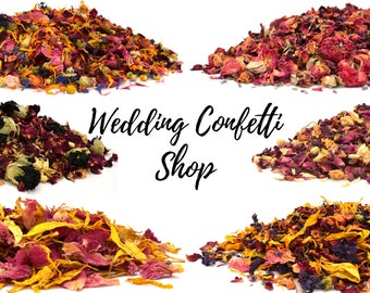 May include: Assortment of dried flower petals in various colors, including pink, red, yellow, orange, and purple. The petals are arranged in six piles on a white background. The text "Wedding Confetti Shop" is written in black cursive lettering in the center of the image.