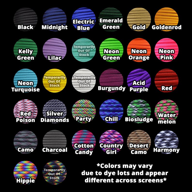 May include: A grid of circular swatches displaying various colours and patterns of paracord. Each circle is labelled with names like Black, Midnight, Electric Blue, Emerald Green, Gold, Goldenrod, Kelly Green, Lilac, Neon Green, Orange, Pink, Turquoise, Burgundy, Purple, Red, Red Poison, Silver Diamonds, Party, Chill, Biosludge, Watermelon, Camo, Charcoal, Cotton Candy, Country Girl, Desert Camo, Harmony, and Hippie.