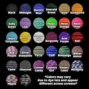 May include: A grid of circular swatches displaying various colors and patterns of paracord. Each circle is labeled with names like Black, Midnight, Electric Blue, Emerald Green, Gold, Goldenrod, Kelly Green, Lilac, Neon Green, Orange, Pink, Turquoise, Burgundy, Purple, Red, Red Poison, Silver Diamonds, Party, Chill, Biosludge, Watermelon, Camo, Charcoal, Cotton Candy, Country Girl, Desert Camo, Harmony, and Hippie.