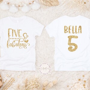 Personalized 5th Birthday Girl Shirt, Gold Glitter Birthday Tee