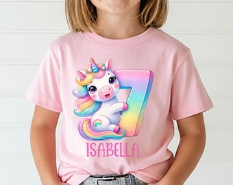 Personalized 7th Birthday Unicorn Shirt for Girls | Custom Name Rainbow Unicorn Tee | Age 7 Birthday Outfit | Girls Unicorn Party Shirt