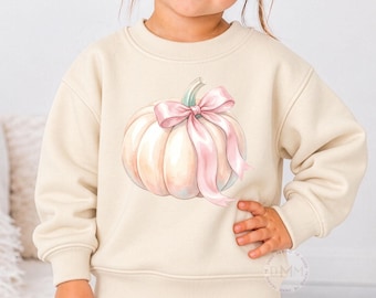 Girls Pumpkin Sweatshirt, Pink Bow Fall Shirt, Toddler Thanksgiving Outfit, Coquette Pumpkin Crewneck, Kids Autumn Pullover