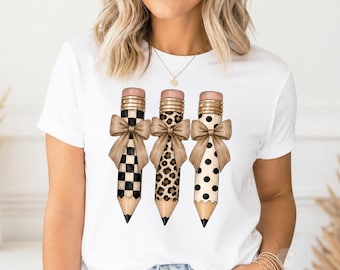 Teacher Pencil Shirt, Coquette Teacher Tee, Neutral Back to School Shirt, Cute Teacher Gift, Pencil Bow Graphic Tee, Fall Teacher Outfit