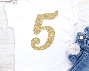 5th Birthday Girl Shirt: Gold Glitter Five, Toddler Tee