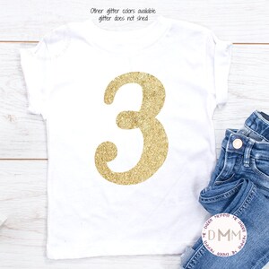 3rd Birthday Shirt: Gold Glitter Three Toddler Tee