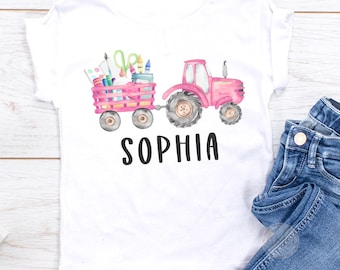 Personalized Pink Tractor Back to School Shirt, Girls School Tractor Tee, Custom Name Shirt, Preschool Kindergarten Outfit, Farm Girl Shirt