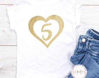 5th Birthday Girl Shirt: Gold Glitter Heart, Five Year Old