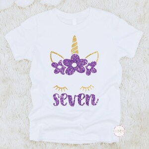 7th Birthday Girl Shirt - Gold and Lavender Glitter Unicorn Seventh Birthday Outfit