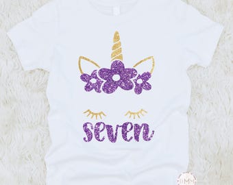 7th Birthday Girl Shirt - Gold and Lavender Glitter Unicorn Seventh Birthday Outfit
