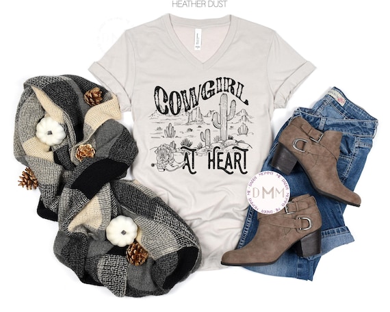 Cowgirl At Heart V Neck Shirt, Farm Life Shirt Graphic VNeck Tee