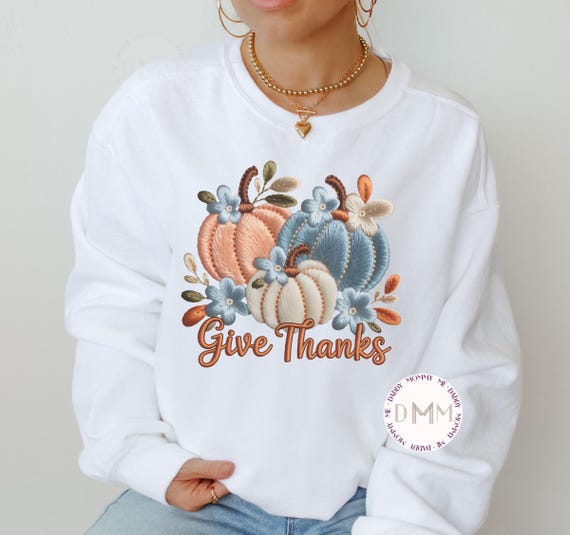 Give Thanks Faux Latch Hook Yarn Sweatshirt, Faux Embroidery Thanksgiving Pumpkin Sweater, Trendy Holiday Faux Crochet Sweatshirt