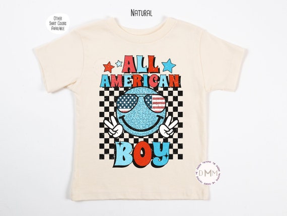 All American Boy Retro Shirt, 4th of July Onesie®, July 4th Toddler Boy Shirt, Youth Boy Shirt, July 4th Shirts For Boys, Peace, Smile Face