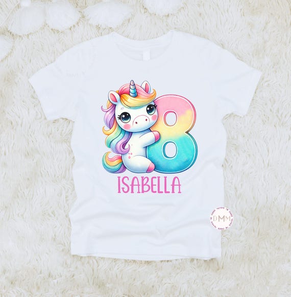 Personalized 8th Birthday Unicorn Shirt for Girls | Custom Name Rainbow Unicorn Tee | Age 8 Birthday Outfit | Girls Unicorn Party Shirt