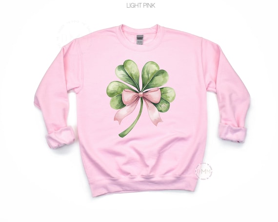 St Patrick’s Day Sweatshirt | Pink Shamrock Bow Crewneck | Coquette Clover Pullover
