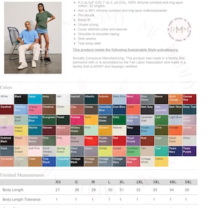 May include: A product image featuring a Bella+Canvas Jersey Tee. The image includes color swatches, finished measurements, and product details. The tee is available in various colors and sizes, with measurements provided in inches.