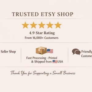 K&ouml;nnte beinhalten: Cremefarbene Grafik mit dem Text "TRUSTED ETSY SHOP" und f&uuml;nf goldenen Sternen. Es enth&auml;lt auch "4.9 Star Rating From 16,000+ Customers" und Symbole f&uuml;r Star Seller Shop, Fast Processing und Friendly Customer Support.