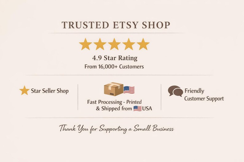 K&ouml;nnte beinhalten: Cremefarbene Grafik mit dem Text "TRUSTED ETSY SHOP" und f&uuml;nf goldenen Sternen. Es enth&auml;lt auch "4.9 Star Rating From 16,000+ Customers" und Symbole f&uuml;r Star Seller Shop, Fast Processing und Friendly Customer Support.